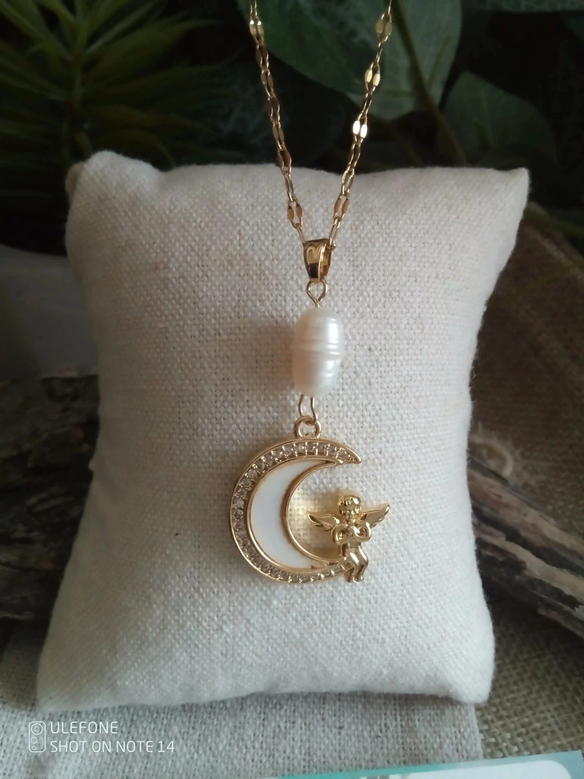 Collar colgante ángel en la luna con perla de agua dulce natural + tarjeta – photo 2